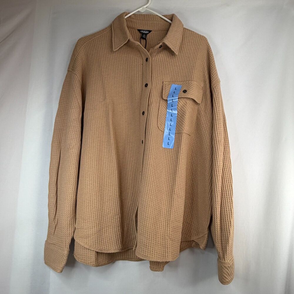 Size L Buffalo Jeans Soft Waffle Knit Button Up Shirt NWT Brown